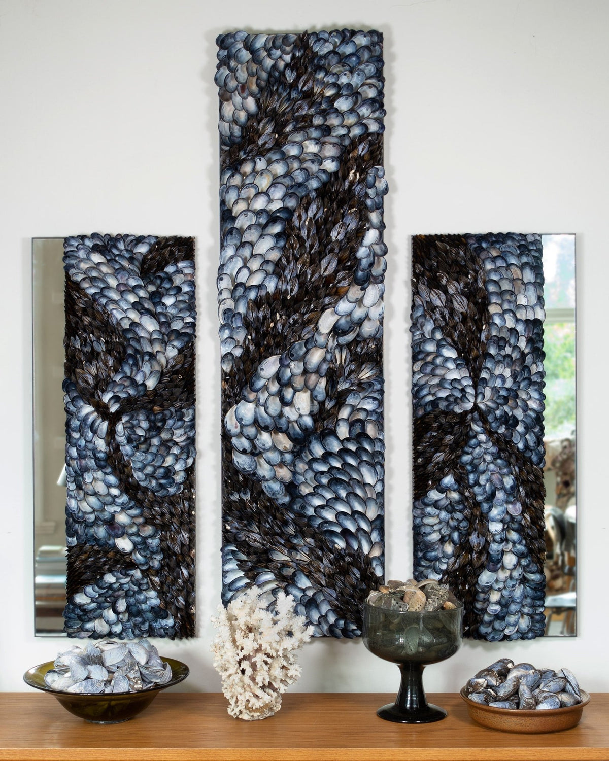 Blue Flow, three shell panels standing in the studio before delivery